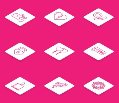 Zarfı Yüreğinle Zarfla Ayarla ya da Boşanma Telefon Konuşma balonu şeklinde Kale Balon Formu şeklinde Seni Yakan Mum ve Cinsiyet Simgesi Seviyorum. Vektör.