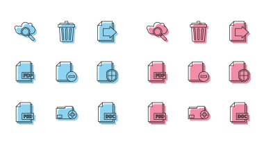 Satır PSD dosya belgesini ayarla Eksi koruma kavramı PDF ve Çöp kutusu simgesine sahip yeni dizin arama bulut hesaplama DOC Belgesi ekle. Vektör.