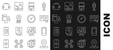 Satır Konumu Cep Telefonu Çevrimiçi Kitap Dizüstü Bilgisayar Fare Kulaklığı ve Saat simgesi ile Elektronik Oluştur. Vektör.