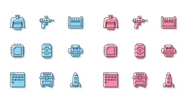 Antik hazine sandığı süveter gemisi enerji içeceği okul sırt çantası işlemcisini işlemci ve ışın tabancası ikonuyla ayarla. Vektör.