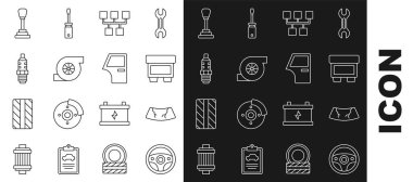 Hat direksiyonu kırılmış ön cam vites değiştirici otomotiv turboşarjlı araba buji ve kapı ikonu. Vektör.