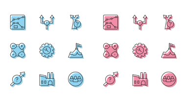 Arrow Factory Graph çizelgesi diyagramını hazırla Proje ekibi Wrench ve teçhizat dağlarını bayrak bilgi elemanı ve simgesi ile donatın. Vektör.