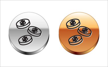 Beyaz zemin üzerinde dolar sembolü olan siyah çizgi parası. Bankacılık işareti. Para sembolü. Gümüş-altın halka düğmesi. Vektör.