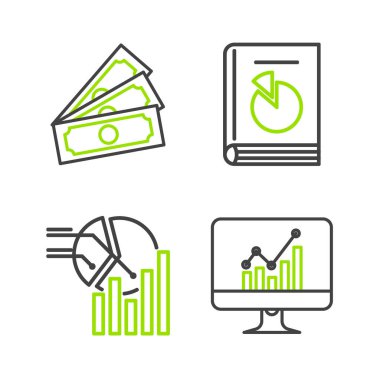 Çizgi bilgisayar monitörünü grafik grafikli turta infografik kullanıcı kılavuzu ve kağıt para para ikonu ile ayarla. Vektör.