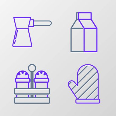 Süt ve kahve ikonu için fırın eldiveni, tuz ve biber paketi hazırla. Vektör.