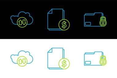 Satır dizinini ayarla ve Cloud indirme ve Finans belge simgesini kilitle. Vektör.