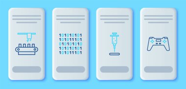 Satır İkili Kod Şırınga Fabrikası taşıyıcı sistem kayışı ve Gamepad simgesini ayarla. Vektör.