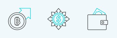 Finansal büyüme, bitcoin ve dolar paylaşım ağı ikonu ile Cüzdan hattı belirleyin. Vektör.
