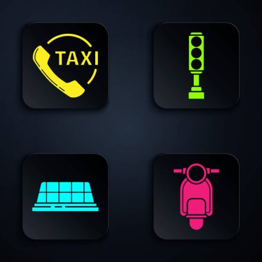 Scooter 'ı, Taksi' yi, telefon servisini, taksi durağının çatısını ve trafik ışığını ayarlayın. Siyah kare düğme. Vektör.