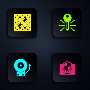 Bilgisayarı kalkan, grafiksel şifre koruması, alarm zili ve Smart tuşu ile korunmuş olarak ayarla. Siyah kare düğme. Vektör.