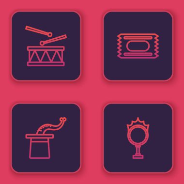 Davulları bagetlerle, sihirbaz şapkasıyla, sirk biletiyle ve ateş çemberiyle ayarla. Mavi kare düğme. Vektör.