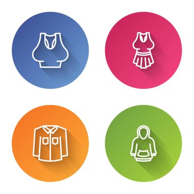 Fişek ve kapüşonlu tişörtü ayarla. Renkli daire düğmesi. Vektör.