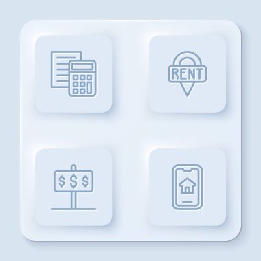 Satır Hesaplayıcı Konum Anahtar Evi 'ni dolar ve online gayrimenkul ile ayarla. Beyaz kare düğme. Vektör.