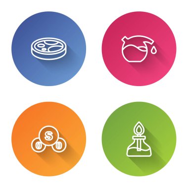 Petri kabını bakteri test tüpü sülfür dioksit SO2 ve alkol veya ruh yakıcı ile ayarla. Renkli daire düğmesi. Vektör.