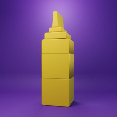 Sarı sos şişesi ikonu mor arka planda izole edilmiş. Ketçap, hardal ve fast food için soslu mayonez şişeleri. Minimalizm kavramı. 3 Boyutlu resimleme.