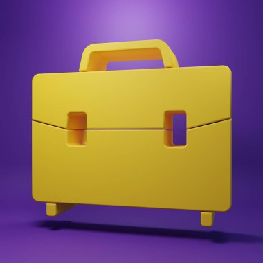 Sarı Evrak Çantası simgesi mor arkaplanda izole edildi. İş ilanı. İş portföyü. Minimalizm kavramı. 3 Boyutlu resimleme.