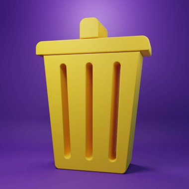 Sarı Çöp Kutusu simgesi mor arkaplanda izole edildi. Çöp kutusu tabelası. Sepet simgesini geri dönüştür. Ofis çöpü ikonu. Minimalizm kavramı. 3 Boyutlu resimleme.
