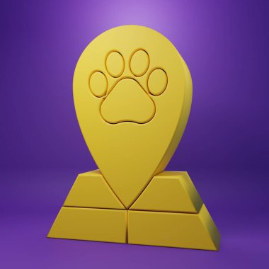 Mor arka planda izole edilmiş hayvan ikonu için veterinerlik, klinik ya da evcil hayvan dükkanı olan sarı harita işaretçisi. Veteriner kliniği. Minimalizm kavramı. 3 Boyutlu resimleme.