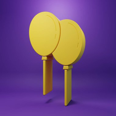 Mor arka planda izole edilmiş kurdele ikonlu sarı balonlar. Minimalizm kavramı. 3 Boyutlu resimleme.