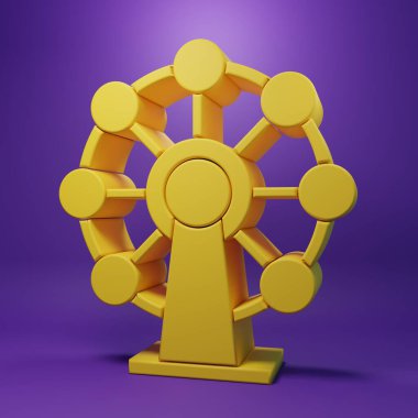 Sarı dönme dolap simgesi mor arkaplanda izole edilmiş. Eğlence parkı. Çocuklar için eğlence parkı, eğlence parkı. Minimalizm kavramı. 3 Boyutlu resimleme.
