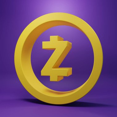 Sarı kripto para birimi Zcash ZEC simgesi mor arka planda izole edildi. Dijital para birimi. Altcoin sembolü. Engelleme zinciri tabanlı şifreli para birimi. Minimalizm kavramı. 3 Boyutlu resimleme.