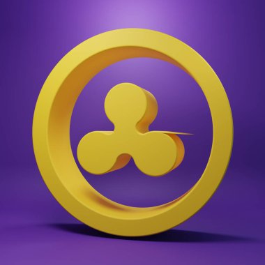 Sarı Kripto Para Bozukluğu XRP simgesi mor arkaplanda izole edildi. Altcoin sembolü. Engelleme zinciri tabanlı şifreli para birimi. Minimalizm kavramı. 3 Boyutlu resimleme.