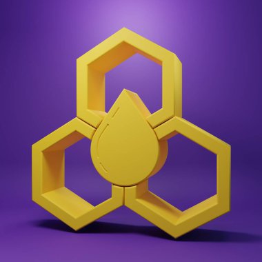 Sarı bal peteği simgesi mor arkaplanda izole edildi. Bal hücrelerinin sembolü. Tatlı doğal yemek. Minimalizm kavramı. 3 Boyutlu resimleme.