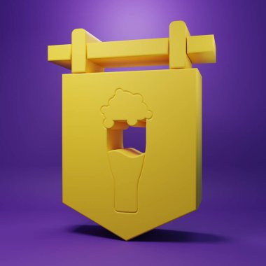 Mor arka planda izole edilmiş bira ikonu dolu Sarı Sokak tabelası. Reklamlar için uygun bar, kafe, bar, restoran. Minimalizm kavramı. 3 Boyutlu resimleme.