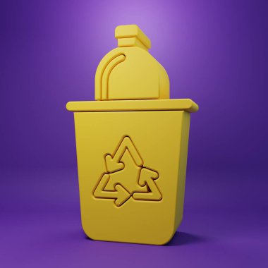 Geri dönüşüm sembolü simgesi mor arkaplanda izole edilmiş sarı geri dönüşüm kutusu. Çöp kutusu simgesi. Çöp kutusu tabelası. Geri dönüşüm sepeti işareti. Minimalizm kavramı. 3 Boyutlu resimleme.