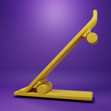 Sarı Kaykay simgesi mor arkaplanda izole edildi. Olağanüstü bir spor. Spor malzemeleri. Minimalizm kavramı. 3 Boyutlu resimleme.