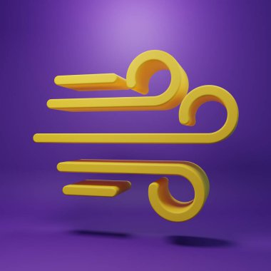 Sarı Rüzgar simgesi mor arkaplanda izole edildi. Rüzgarlı bir hava. Minimalizm kavramı. 3 Boyutlu resimleme.