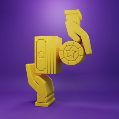 Sarı Kumarhane çipleri, mor arka planda izole edilmiş dolar desteleri üzerinde değiş tokuş yapıyor. Minimalizm kavramı. 3 Boyutlu resimleme.