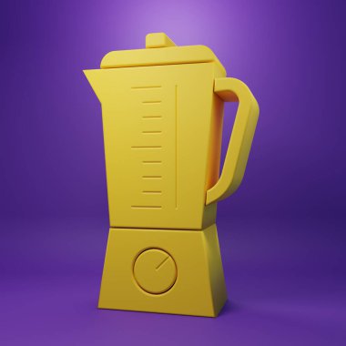 Sarı karıştırıcı simgesi mor arkaplanda izole edildi. Mutfak elektrikli kırıcı ve kase. Meyve suyu, kokteyl ya da meyve suyu. Minimalizm kavramı. 3 Boyutlu resimleme.