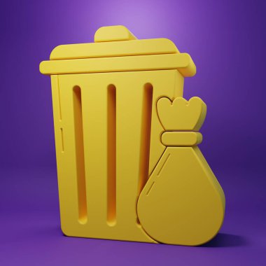 Sarı çöp tenekesi ve çöp torbası simgesi mor arkaplanda izole edilmiş. Çöp kutusu tabelası. Sepet simgesini geri dönüştür. Ofis çöpü ikonu. Minimalizm kavramı. 3 Boyutlu resimleme.