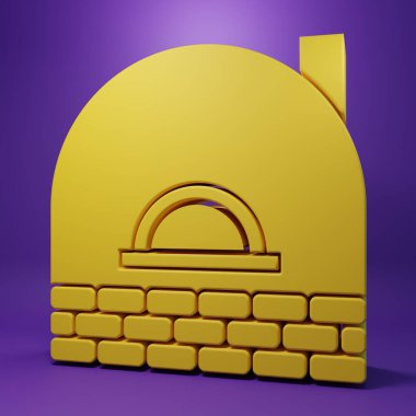 Sarı tuğlalı soba ikonu mor arkaplanda izole edilmiş. Tuğla şömine, taş ocağı, taş fırın ikonu. Minimalizm kavramı. 3 Boyutlu resimleme.