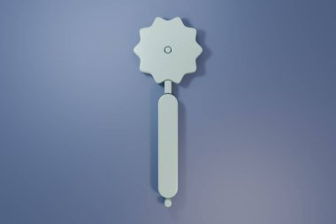 Mor-mavi arka planda izole edilmiş gri pizza bıçağı ikonu. Pizza kesme tabelası. Çelik mutfak gereçleri. Minimalizm kavramı. 3 Boyutlu resimleme.