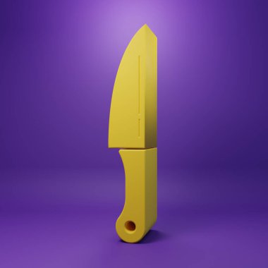 Sarı Bıçak simgesi mor arkaplanda izole edilmiş. Çatal bıçak sembolü. Minimalizm kavramı. 3 Boyutlu resimleme.