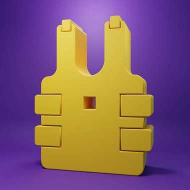 Mor arka planda izole edilmiş kurşun ikonundan korunmak için sarı kurşun geçirmez yelek. Vücut zırhı işareti. Askeri kıyafetler. Minimalizm kavramı. 3 Boyutlu resimleme.