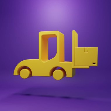 Sarı Forklift kamyon simgesi mor arkaplanda izole edildi. Çatal doldurucu ve karton kutu. Kargo teslimatı, nakliye, ulaşım. Minimalizm kavramı. 3 Boyutlu resimleme.