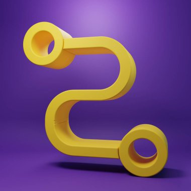 Sarı Yol konum simgesi mor arkaplanda izole edildi. Harita işaretçisi işareti. Yol ya da yol kavramı. GPS navigatörü. Minimalizm kavramı. 3 Boyutlu resimleme.