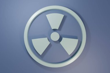 Mor-mavi arkaplanda izole edilmiş gri radyoaktif simge. Radyoaktif zehirli sembol. Radyasyon tehlikesi işareti. Minimalizm kavramı. 3 Boyutlu resimleme.