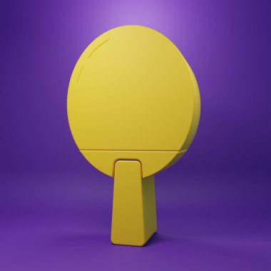 Masa tenisi ikonu oynamak için sarı raket, mor arka planda izole edilmiş. Minimalizm kavramı. 3 Boyutlu resimleme.