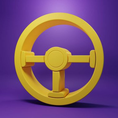 Sarı direksiyon simgesi mor arkaplanda izole edilmiş. Araba tekeri ikonu. Minimalizm kavramı. 3 Boyutlu resimleme.