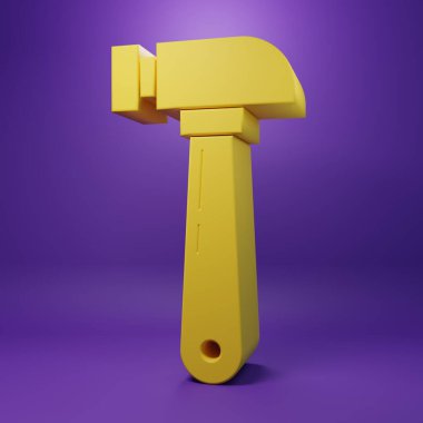 Sarı Çekiç simgesi mor arkaplanda izole edildi. Tamir için bir araç. Minimalizm kavramı. 3 Boyutlu resimleme.