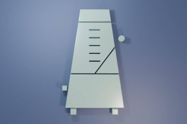 Mor-mavi arka planda izole edilmiş hareket ikonlu gri klasik metronom. Müzik ve ritim mekanizması. Minimalizm kavramı. 3 Boyutlu resimleme.