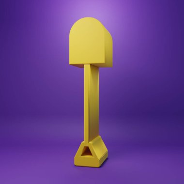 Sarı Kürek simgesi mor arkaplanda izole edildi. Bahçe aletleri. Bahçecilik, tarım, çiftçilik aleti. Minimalizm kavramı. 3 Boyutlu resimleme.