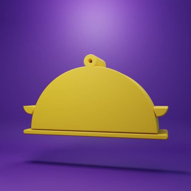 Sarı kaplamalı ve mor arka planda izole edilmiş yemek ikonu tepsisi. Tepsi ve kapak işareti. Kapaklı bir restoran saati. Mutfak eşyaları sembolü. Minimalizm kavramı. 3 Boyutlu resimleme.