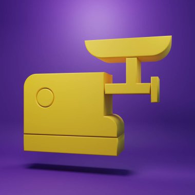 Sarı Mutfak et öğütücüsü simgesi mor arkaplanda izole edilmiş. Minimalizm kavramı. 3 Boyutlu resimleme.