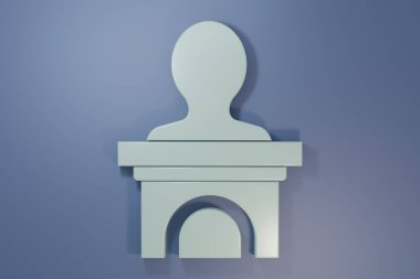 Mor-mavi arka planda izole edilmiş gri sahne standı veya münazara kürsüsü kürsüsü ikonu. Konferans konuşma tribünü. Minimalizm kavramı. 3 Boyutlu resimleme.