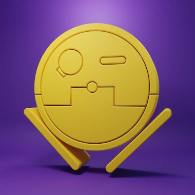 Sarı Robot elektrikli süpürge ikonu mor arka planda izole edildi. Otomatik süpürme için ev aletleri, ev temizliği için dijital cihazlar. Minimalizm kavramı. 3 Boyutlu resimleme.